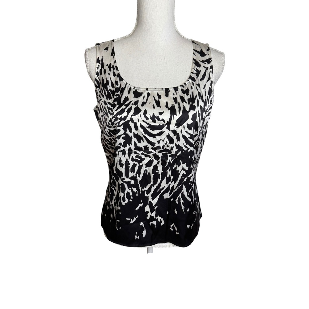 St.‎ John Silk Blend Tank Top Small Black Ivory Abstract Animal Print Sleeveless